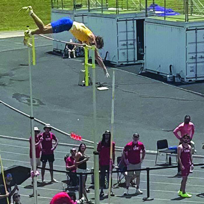 Lawson Fritsch flying high at the Southland Conference meet.