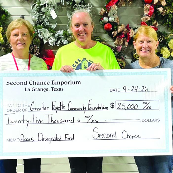 Second Chance Emporium (SCE) recently donated $25,000 to the Greater Fayette Community Foundation for ACCSS Designated Fund (ACCSS). Monies granted will be used to fund various programs and academic dual credit and workforce scholarships. The mission of ACCSS is to share academic and career resources, student advising, and support to students. Pictured from left to right: Marian Tajchman, coordinator for Sacred Heart Catholic Church; Susie Shank, ACCSS; and Marlene Schnell, SCE Assistant Store Director.