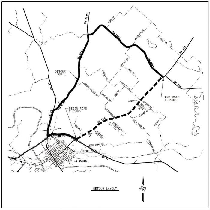 TxDOT is planning several road closures on SH 159 over the next few weeks while contractors rehabilitate the roadway. Motorists can avoid the closures by detouring via FM 2145 and FM 2981, as shown above on the map.