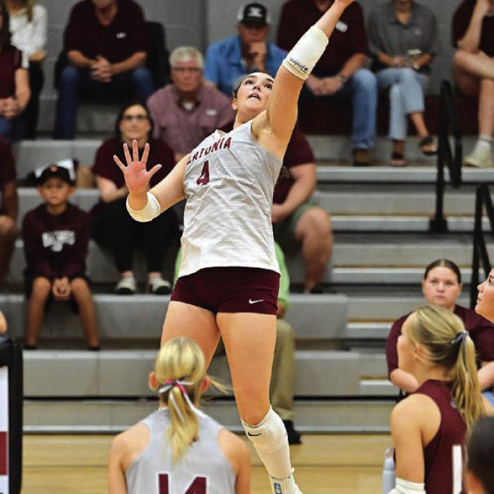 Flatonia’s Kat Sullivan spikes a ball in Tuesday’s victory over Louise. Photo by Stephanie Steinhauser