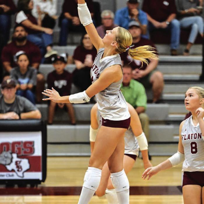 Flatonia’s Quinn Arnett spikes a ball in Tuesday’s victory over Louise. Photo by Stephanie Steinhauser