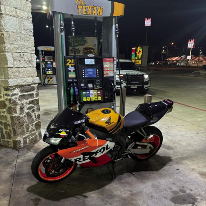 The Fayette County Sheriff’s Office impounded this Honda CBR race bike after arresting the operator for reckless driving in Schulenburg. A deputy observed the bike traveling in excess of 120 mph on Interstate 10 while lane-splitting past other vehicles.