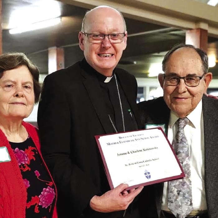Left to Right: Charlene Kolenovsky, Bishop Brendan Cahill, Jerome Kolenovsky.