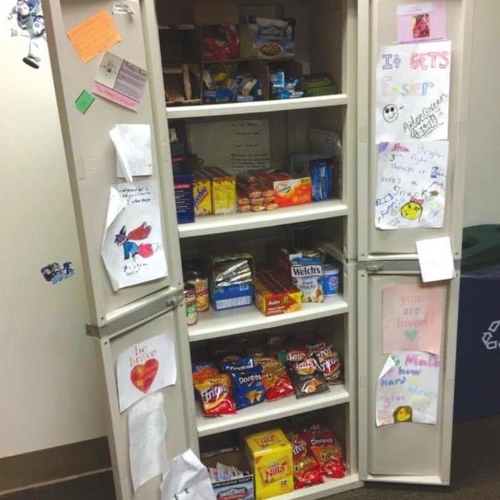 Presley’s Pantry is located on the Pediatric Oncology floor at San Antonio Military Medical Center. The pantry is stocked with snacks and drinks.