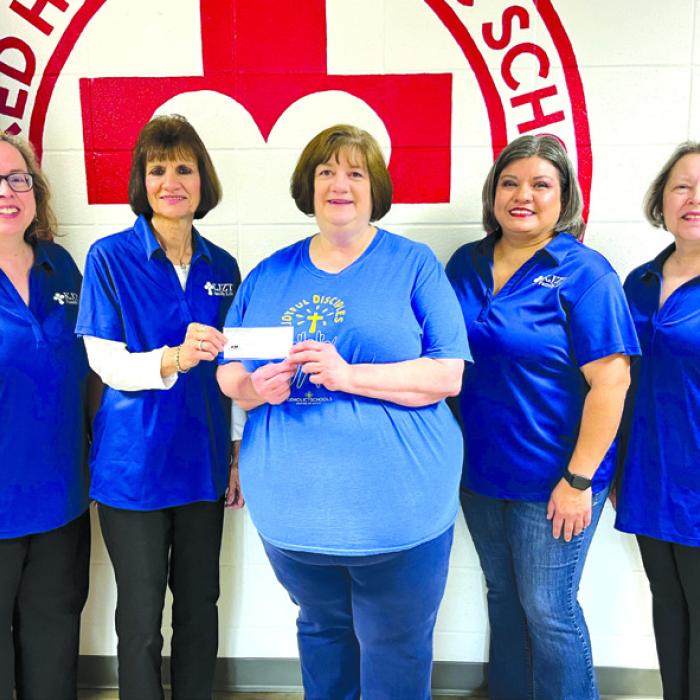 KJZT Family Life Society No. 31 officers presented the KJZT State 50% matching funds check to Sacred Heart Catholic School on May 15. This was from their sponsored plant wheel booth at the schools’ Spring Festival. Pictured from left are President Elizabeth Kallus, Treasurer Barbara Eilert, Principal LaDonna Voelkel, Vice President Nicole Ramirez, and Secretary Marilyn Kothmann.