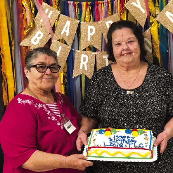 We had 25 members with birthdays in September. Two were present to help cut the cake. Carolyn Moore and Faye Smith.