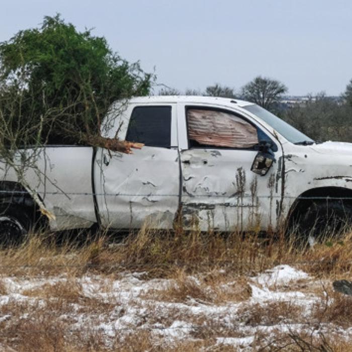 The Toyota picked up a load of brush as it crashed through the woody fence line. Photos by Andy Behlen