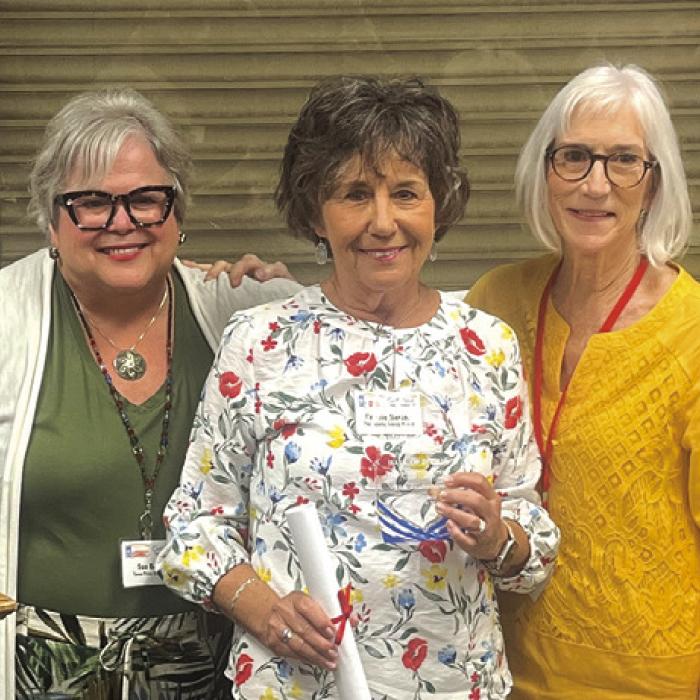 Nonnie Barton, of The Fayette County Record, center, was inducted into the Texas Gulf Coast press Association’s Hall of Honor Friday, by Sue Brown, left, of The Texas Press Association, and Mary Judson, right, of The Port Aransas South Jetty newspaper.