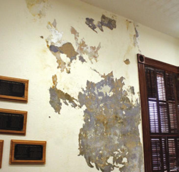 The wall inside the Commissioners Courtroom inside the Fayette County Courthouse suffered water damage from the recent heavy rains. So much water leaked inside the room that it warped several of the plaques hanging on the wall. Commissioners learned last week that the insured value for the Courthouse jumped from just over $8 million to more than $32 million. Photo by MaKenzie Givan