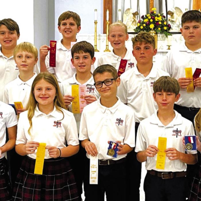 Grades 5-6 front from left: Brielle Goedrich, Brylee Stoever, Andrew Besetzny, Barrett Redman, Rylee Wright 2nd Row: Sebastian Lincoln, Luke Goedrich, Jack Schiffli; back row: Noah Heger, Levi Johnson, Briley Hartensteiner, and John Schmidt.