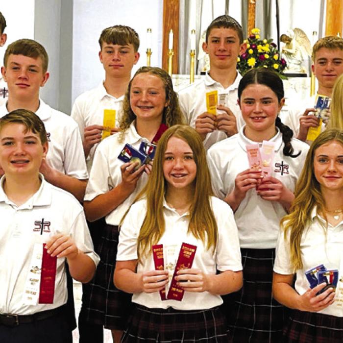 Grades 7-8 front from left: Patrick Taylor, Reese Dusek, Mallory Bonner; middle row: Bo Brossmann, Caroline Bartek, Charlotte Schmidt, Saybra Pinney; back row: Kaleb Zapalac, Brett Hollas, William Eudy, and Weston Hollas.