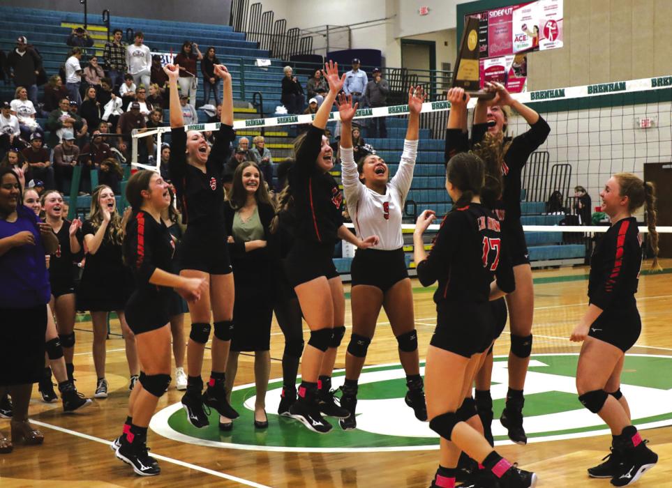 In a dominating two days of play at the regional tournament in Brenham, the Schulenburg volleyball team swept Three Rivers and Johnson City to earn a berth at this week’s 2A state tournament in Garland. Above, members of the Lady Horns celebrate as they are awarded the regional championship trophy. Photo by Audrey Kristynik
