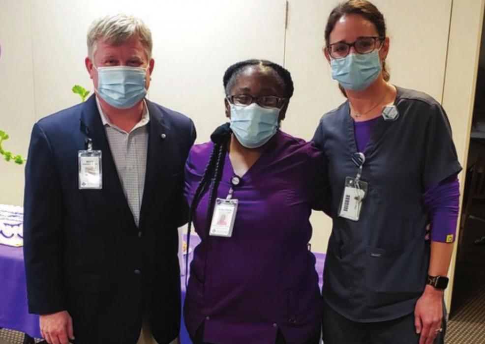 Pictured from left: Mark Kimball, SMMC CEO; Shalonda Johnson, SMMC Lead Tech Materials Management and 2020 Dan Wilford Award winner; and Ashley Havel, SMMC Director of Imaging and 2021 Dan Wilford Award winner.