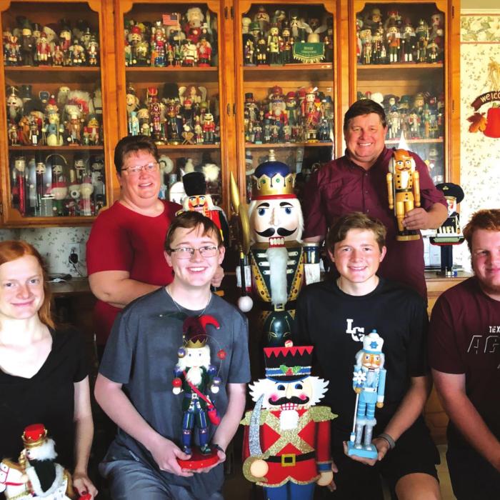 In years past, the members of the Roscher family of Hostyn have all experienced “The Nutcracker” presented by Ballet Austin. They also take pride in the extraordinary collection of the iconic German symbol of Christmas in their home. (Back row, left to right: Margaret and Glen; (front row, left to right): Abigail, Colton, Tyson and Joshua.