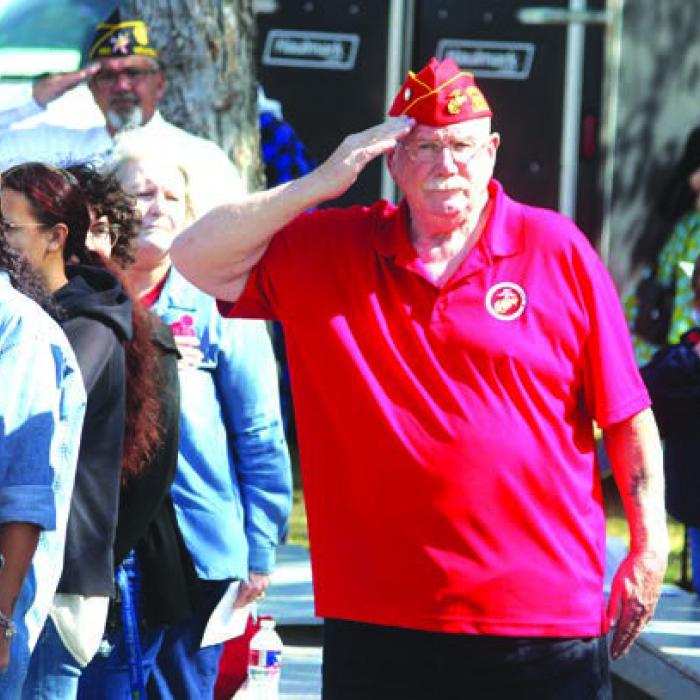 A veterans stands at attention as the flag is brought in at the start of Sunday’s ceremony.