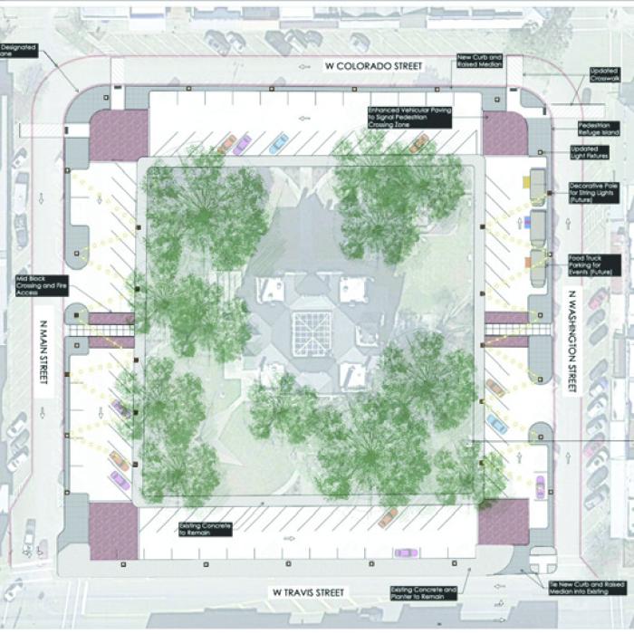 The design firm Westwood prepared this preliminary layout for the downtown La Grange revitalization project. The public can view the complete plan and provide input in-person at Casino Hall.