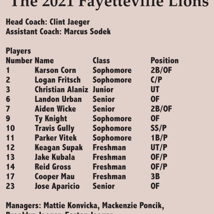 Fayetteville Lions 2021 State Baseball Champs