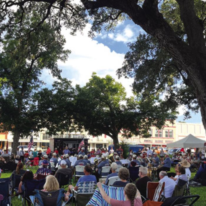 Saturday’s crowd lounged under an ancient oak on the courthouse lawn that Judge Jeff Steinhauser remarked might have been around when America was conceived 250 years ago. Photo by Jeff Wick