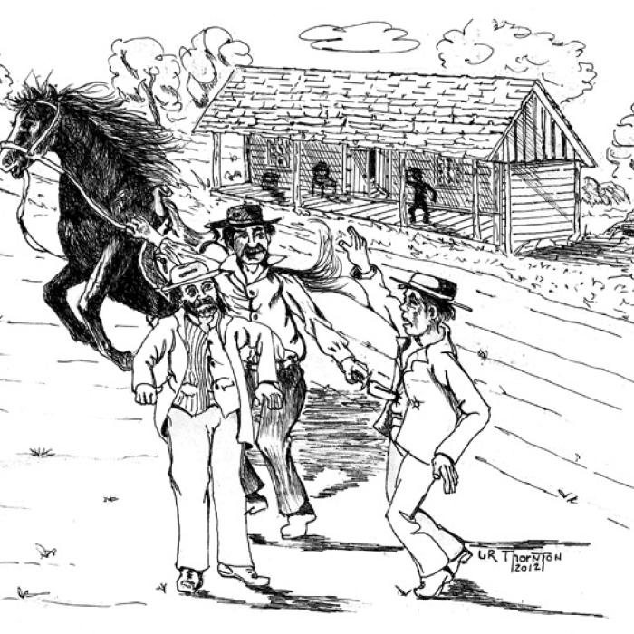 Illustration by G. R. Thornton of Stephen Townsend’s murder. Cynthia Thornton Collection, Fayette Heritage Museum &amp; Archives
