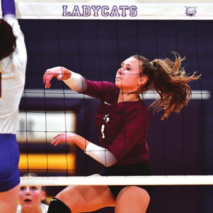 Flatonia’s Ali Janecka hits the ball for Lady Bulldogs in Tuesday’s match against Weimar. Photo by Stephanie Steinhauser
