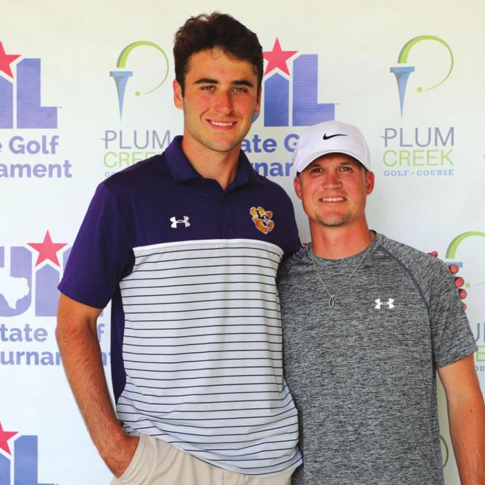 La Grange golfer Grant Juno, left, poses with La Grange golf coach James Zaruba at the state tournament this week.