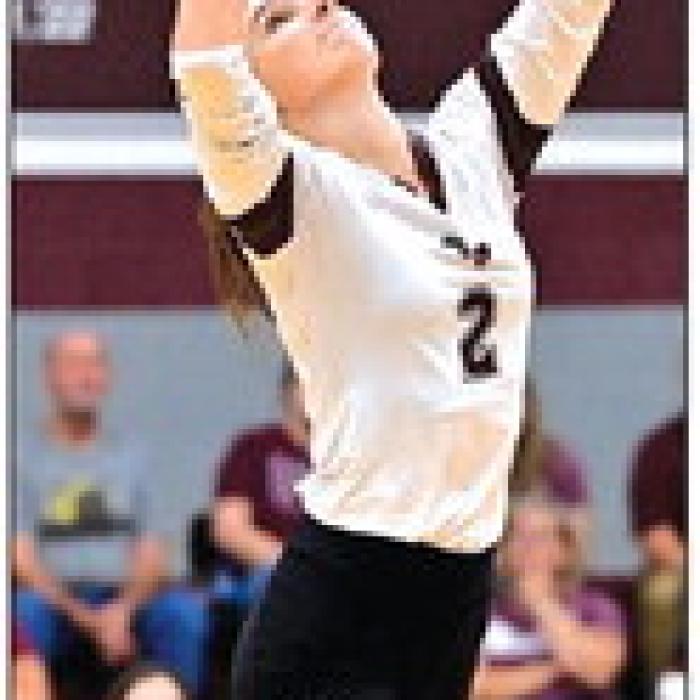 Flatonia’s Summer Sodek sets a ball Tuesday night in the Lady Bulldogs’ district opener against Weimar. Photo by Stephanie Steinhauser