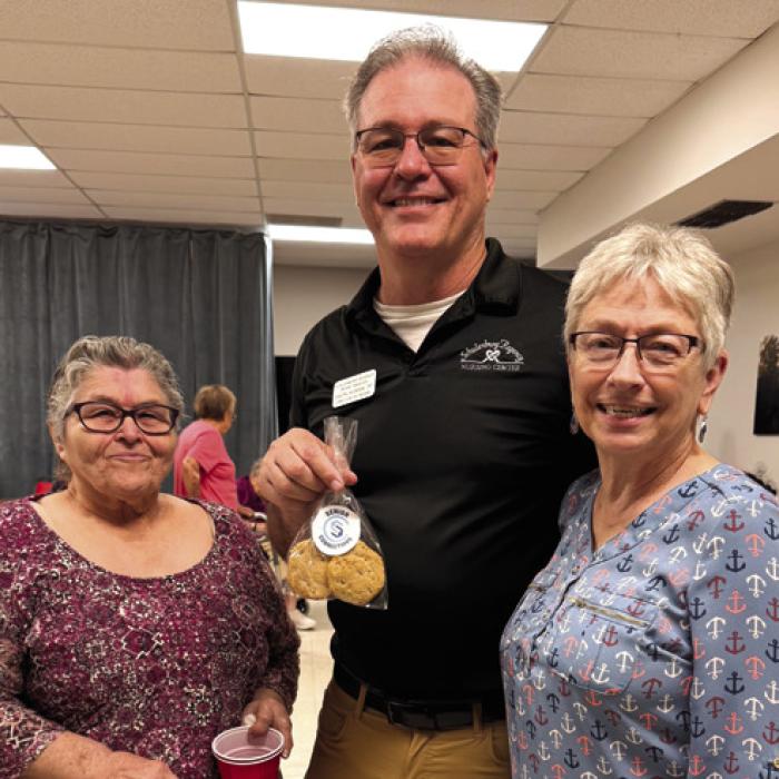 Shon Horan, director of the Schulenburg Family Fitness and Rehabilitation Center, explains exercises you can do to improve bone strength and ward off Lymphedema with lymph drainage exercises. He is pictured here with Carolyn Moore and Peggy Hiatt.