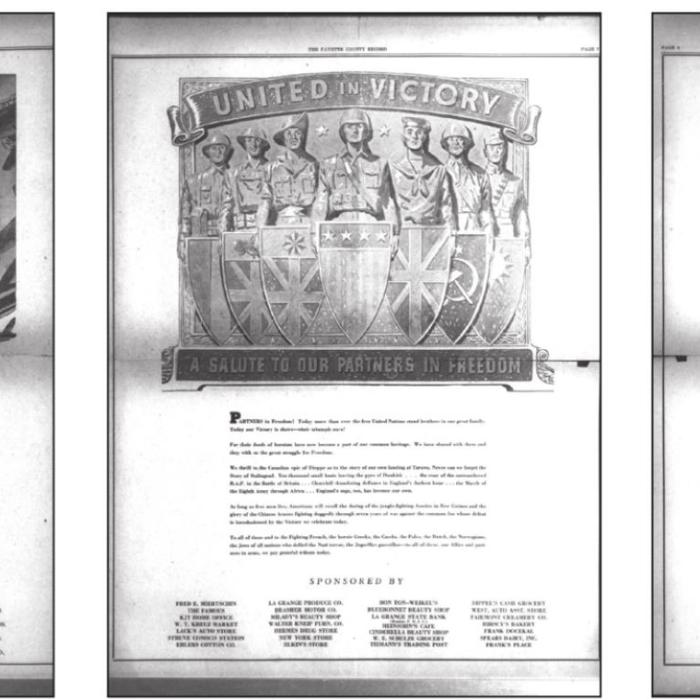 A look at some pages from the May 11, 1945 issue of the Record, the f’rst issue after Germany surrenders in WWII. Several businesses got together and purchased celebratory full page ads.