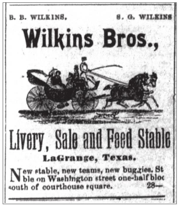 1900 La Grange Journal advertisement for the Wilkins Brothers’ livery stable.