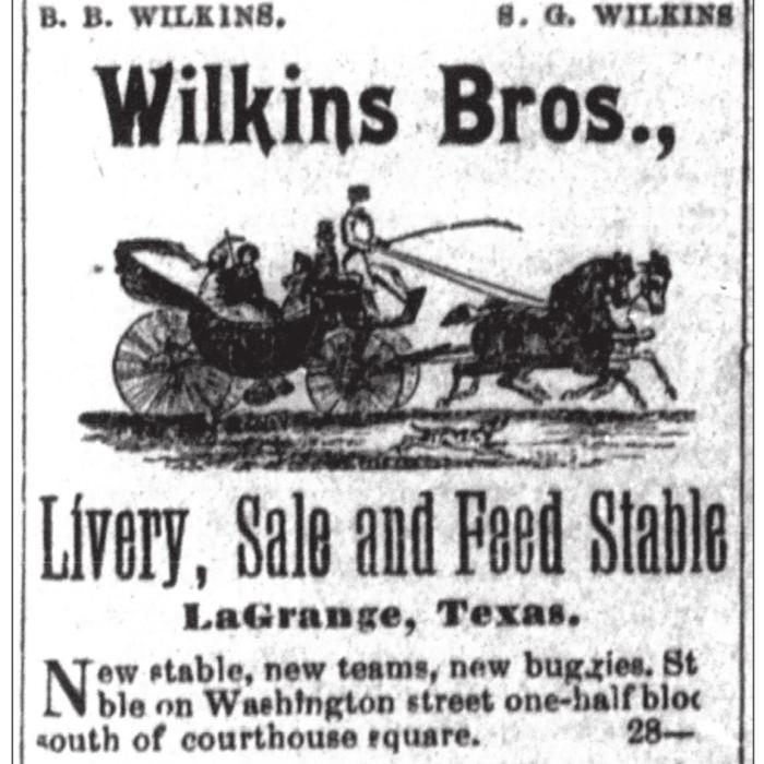 1900 La Grange Journal advertisement for the Wilkins Brothers’ livery stable.