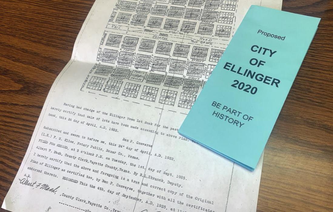 The town plat of Ellinger was laid out in 1922. Organizers of the effort to incorporate the town are using it to establish the city limits. Also pictured is a copy of the pamphlet organizers are distributing.