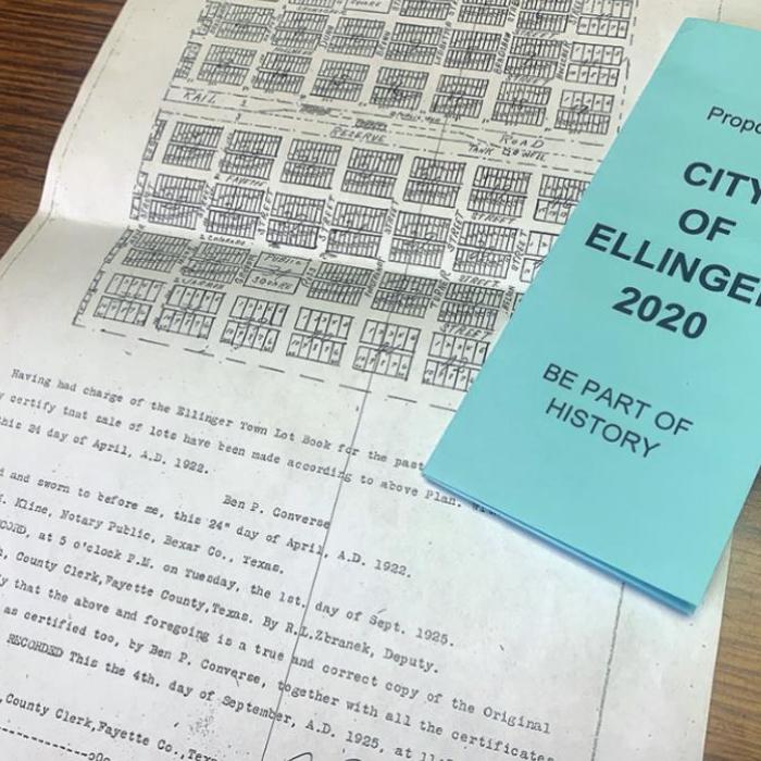 The town plat of Ellinger was laid out in 1922. Organizers of the effort to incorporate the town are using it to establish the city limits. Also pictured is a copy of the pamphlet organizers are distributing.