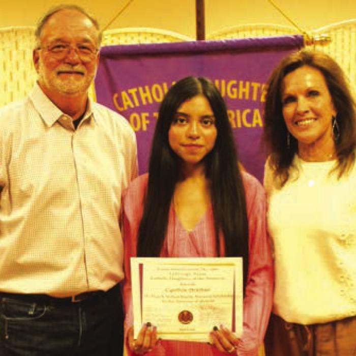 Mary and Wilbert Mueller Memorial Scholarship was awarded to Cynthia Arsibar, daughter of Maria and Orbelin Rodriguez, and was presented by Marilyn and Rusty Freedman.
