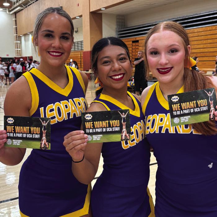 Three La Grange seniors were invited to join the Universal Cheerleaders Association staff following graduation. They are, left to right: Clara Bundick, Kaylee Soto and Caleigh Brock.