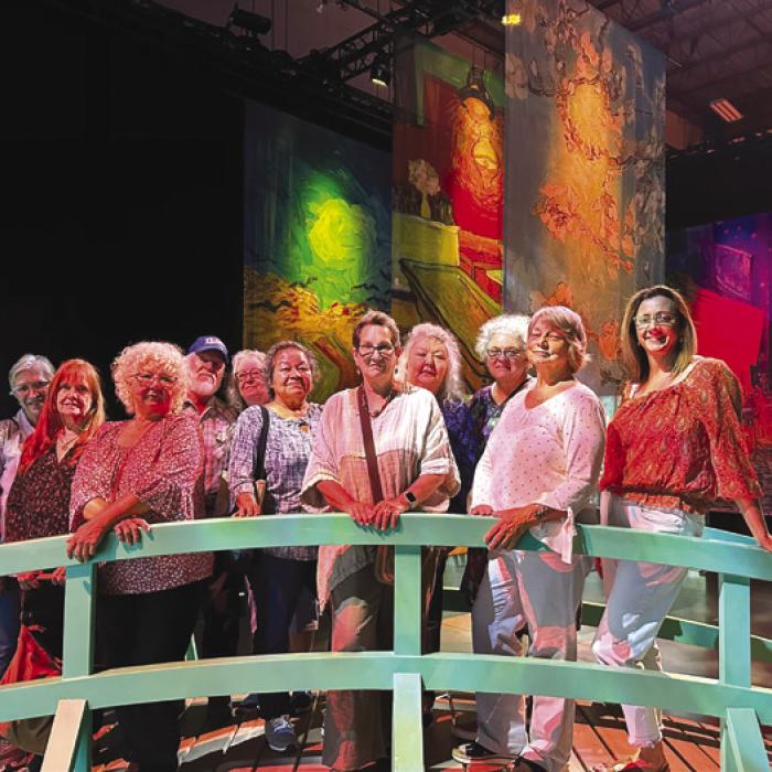 A group of our members visited the Monet Immersive Experience in Austin. Pictured here from left to right: Cindy Ferguson, Jeanette Johnston, Maggie Lozano, Steve Ruiz, Mitra Ruiz, Amparo Salinas, Stephanie Shroyer, Irene Lozano, Sue Pape, Claire Lewis, and Kelli Leake.
