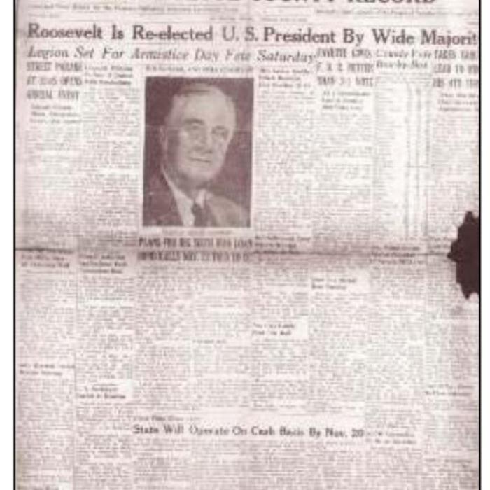 The front page of the Record from Nov. 10, 1944 when Franklin Delano Roosevelt was reelected President.