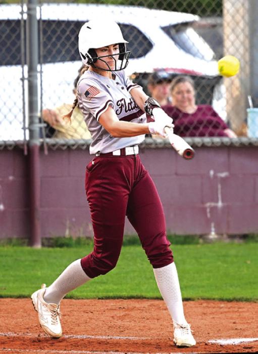 Lead off batter Sadie Noska gets the Flatonia Lady Bulldogs offense started Tuesday night in their big win over Bloomington. Photo by Stephanie Steinhauser