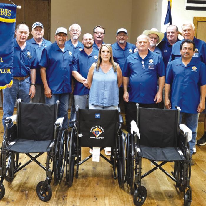 Knights of Columbus Chromcik Council No. 2574 purchased wheelchairs for Care Inn, Monument Hill and Jefferson Place. Julia Petzold was present to accept the donation for Jefferson Place.