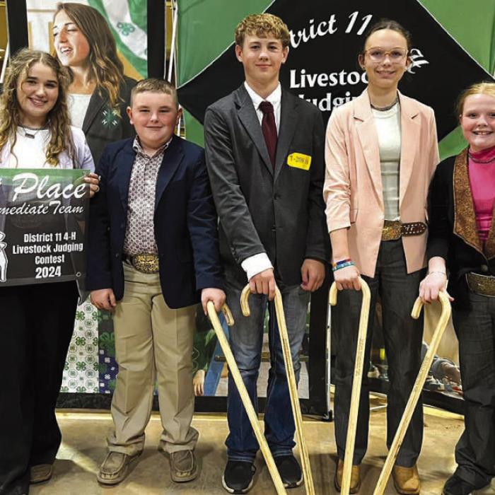Champion Intermediate Team: District 11 4-H Officer, Abraham McBride, Kullen Kutac, Tatum Fritsch, and Kaisley Janecka.