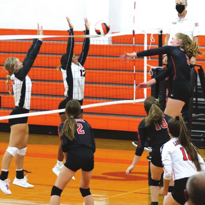 Schulenburg’s Erica Otto spikes a ball in Friday’s match against Brazos. Photo by Audrey Kristynik