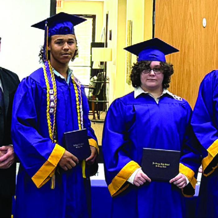 Pictured here are Leopard Academy supervisor Brad Harbers, La Grange High School Assistant Principal Nathan Truex, La Grange High School Principal John Pineda, LGISD School Board President Gary Drab, graduates Nahqi Wilson, Leila Davis, and Nicholas Rodriguez, La Grange High School Counselors Charlee Hernandez, Lori Kallus, and Amanda Lamza. Photo by Regina Keilers