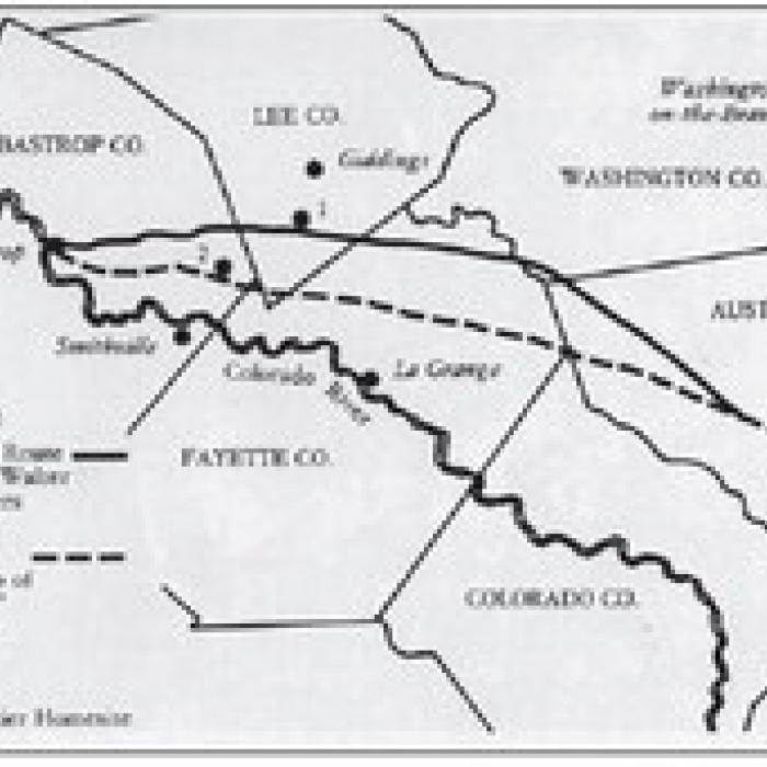 This map uses the Gotier spelling, instead of Gotcher, and is courtesy of Kenneth Kesselus. It appears on page 77 of his book, Bastrop County Before Statehood.