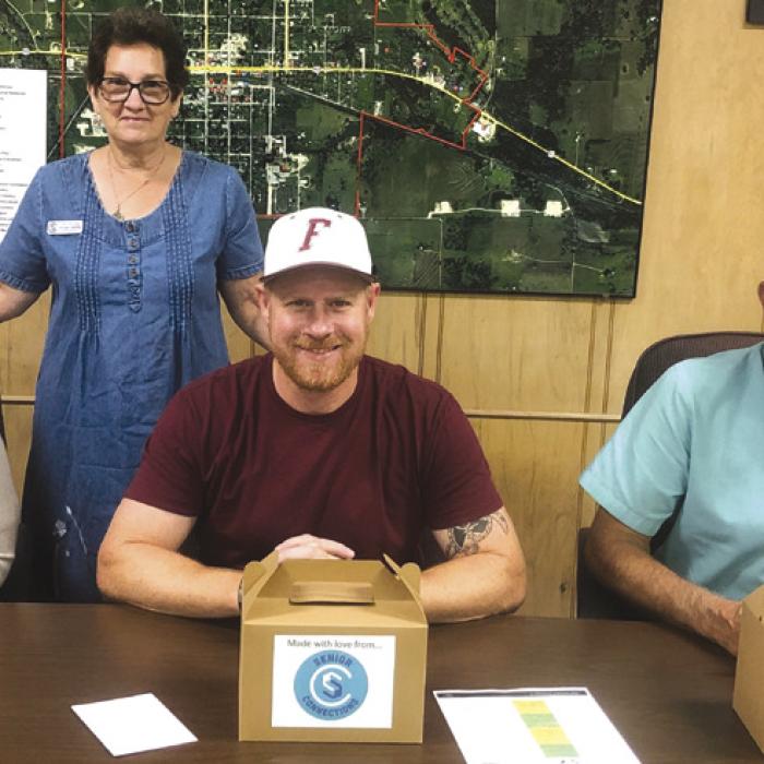 Senior Connections delivered the goods from the baking team last month to several Flatonia offi cials. Senior Connections is excited to expand into Flatonia this month and thought these folks needed a gift. Pictured from left: Jaqueline Ott, Flatonia City Secretary (Stephanie Shroyer, Senior Connections Program Director), Flatonia Mayor Travis Seale, (who is the first Lunch and Learn speaker in Flatonia) and Fayette County Commissioner Harvey Berckenhoff.