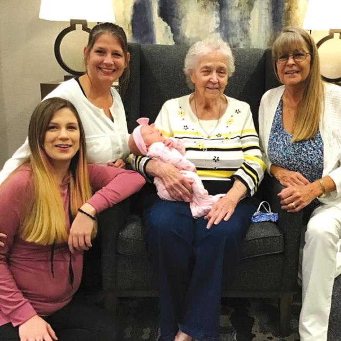 Pictured here are five generations of Nancie Blair’s family. From left to right, the mommy Valarie, the grandmother Heather, the greatgreat grandmother Elaine, Nancie Blair-the great-grandmother and the baby, Cadence.