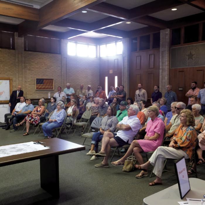 A crowd of about 80 people packed the La Grange City Council Chamber Tuesday evening for a presentation about the $1 million downtown revitalization grant that the city is pursuing. Photos by Andy Behlen