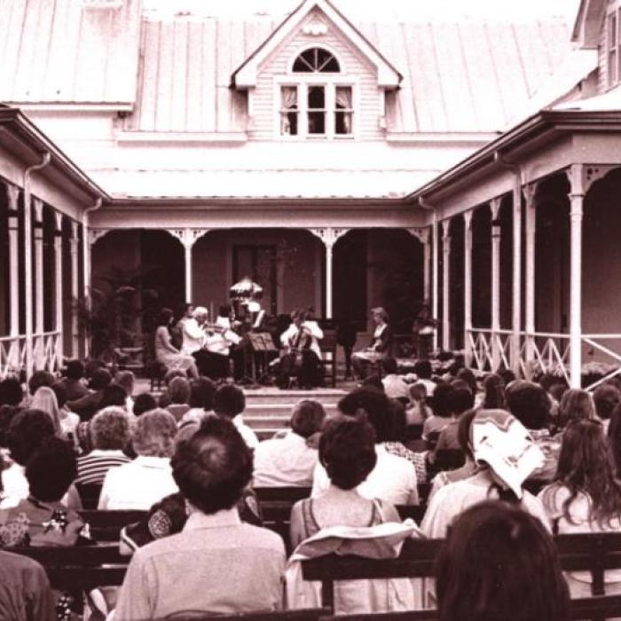 First chamber music concert at Clayton House with Leonard Posner, violin, Cellist Paul Olesky and James Dick at piano in 1976.