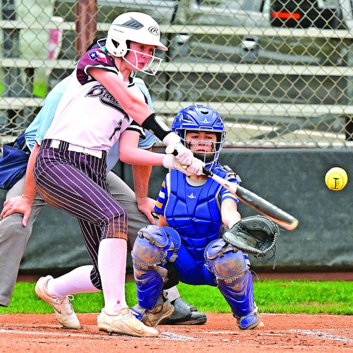 Flatonia’s Emma Klozik drives the ball for a single in Tuesday night’s win over Louise. Photo by Stephanie Steinhauser