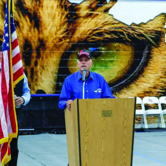 Retired school teacher Charles Griste was also a guest speaker at the Veterans Day Service. He spoke to the students about his service during the Vietnam War as an infantryman in the U.S. Marine Corps and the quality of perseverance: “You can be bitter or you can be better. There’s one letter difference between those two words – the letter ‘i.’ You can make the difference,” Griste said.