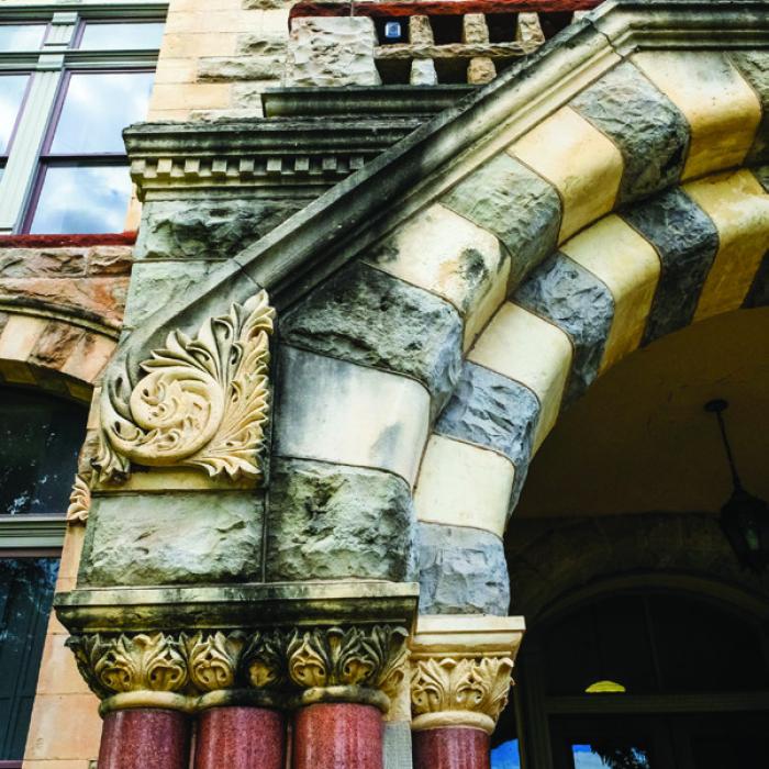 Black algae has stained some of the stone on the exterior of the Fayette County Courthouse. The Commissioners Court approved a contract with Bell Tex Construction to clean the Courthouse ahead of next year’s American Semiquincentennial celebration on July 4. Photo by Andy Behlen