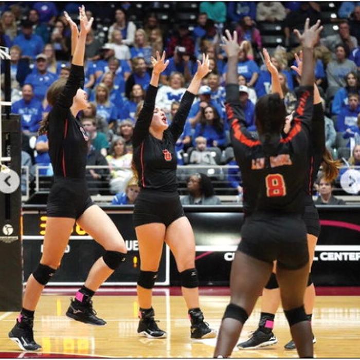 The Schulenburg volleyball team during a moment of celebration in their state semifinal match against Windthorst Wednesday. These moments were too few and far between as the Schulenburg girls lost in four sets. UIL photo